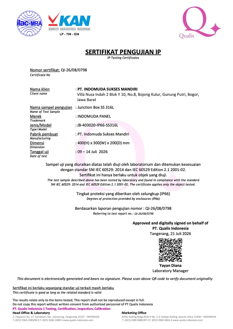Sertifikat Uji Ingress Protection IP 66